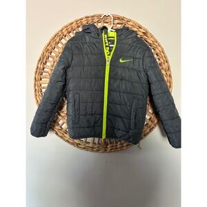 Nike Kids Puffer Jacket Gray Neon Green Hooded Full Zip Quilted Coat Swoosh